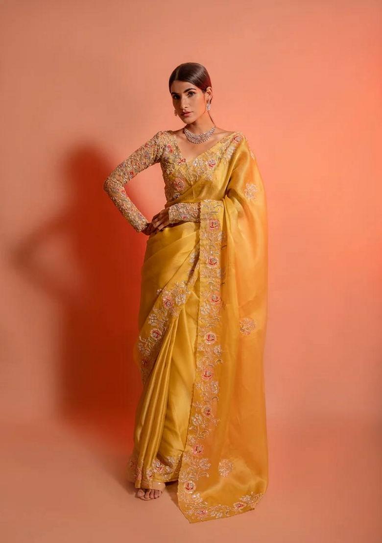 Yellow Embroidered Soft Organza Saree Set