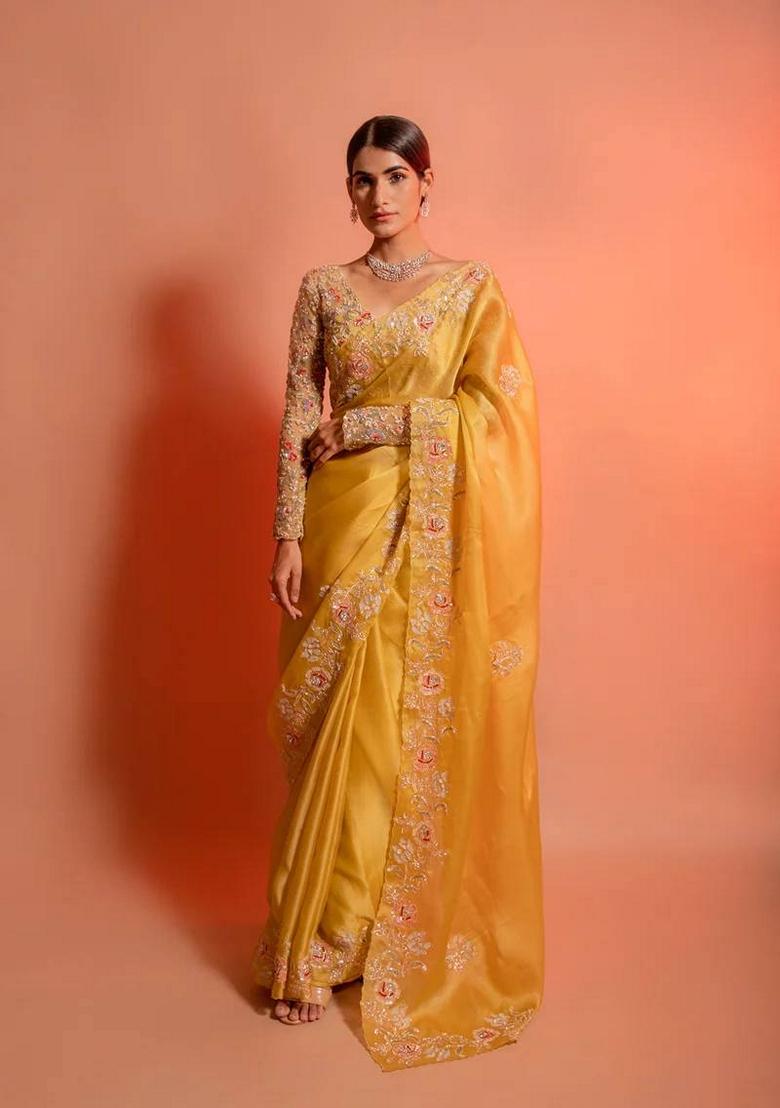 Yellow Embroidered Soft Organza Saree Set