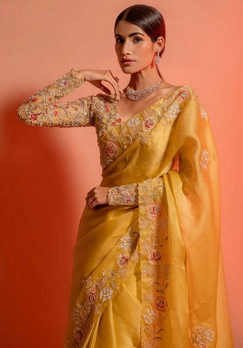 Yellow Embroidered Soft Organza Saree Set