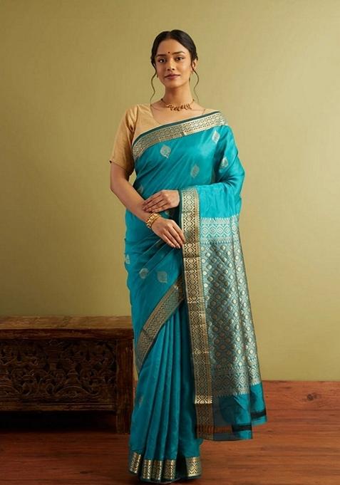 Sky Blue Jacquard Banarasi Soft Silk Saree Set