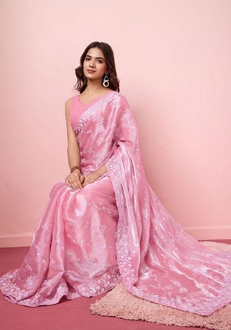 Pink Embroidered Burberry Silk Saree Set