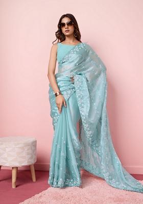Sky Blue Embroidered Burberry Silk Saree Set
