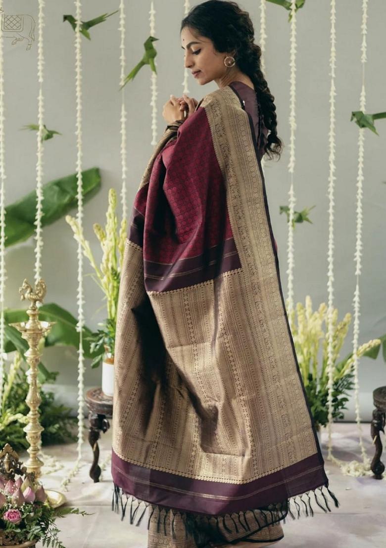Wine Jacquard Banarasi Soft Silk Saree Set