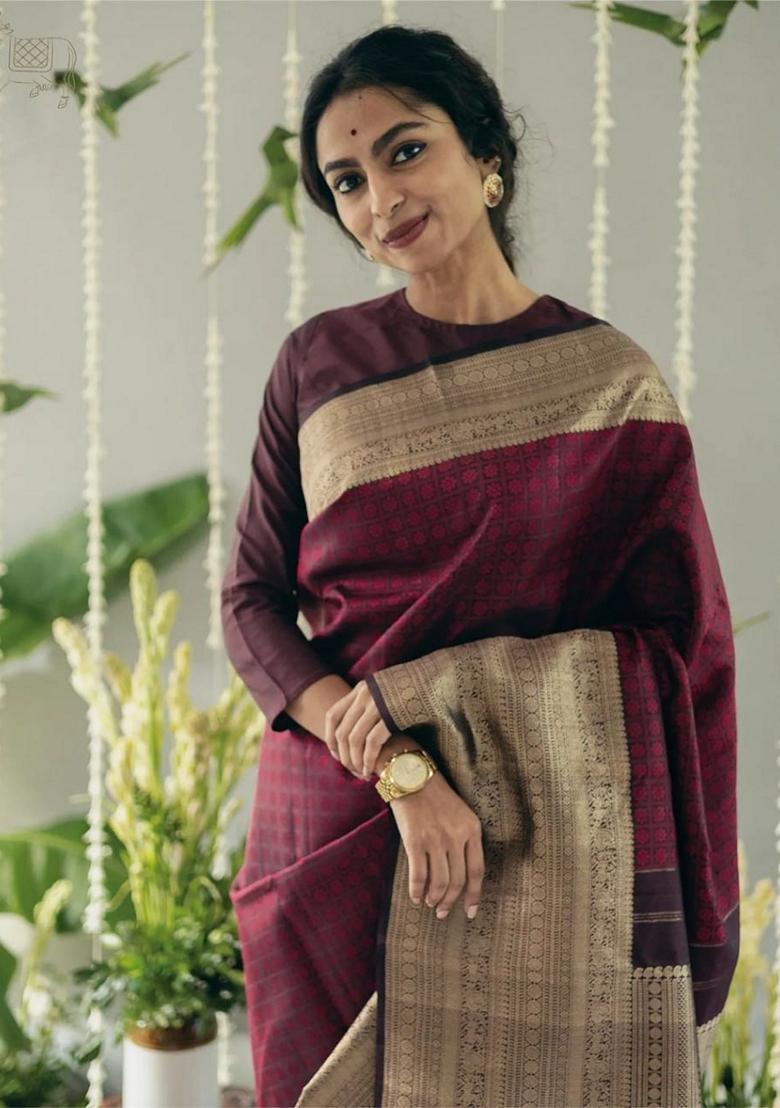 Wine Jacquard Banarasi Soft Silk Saree Set