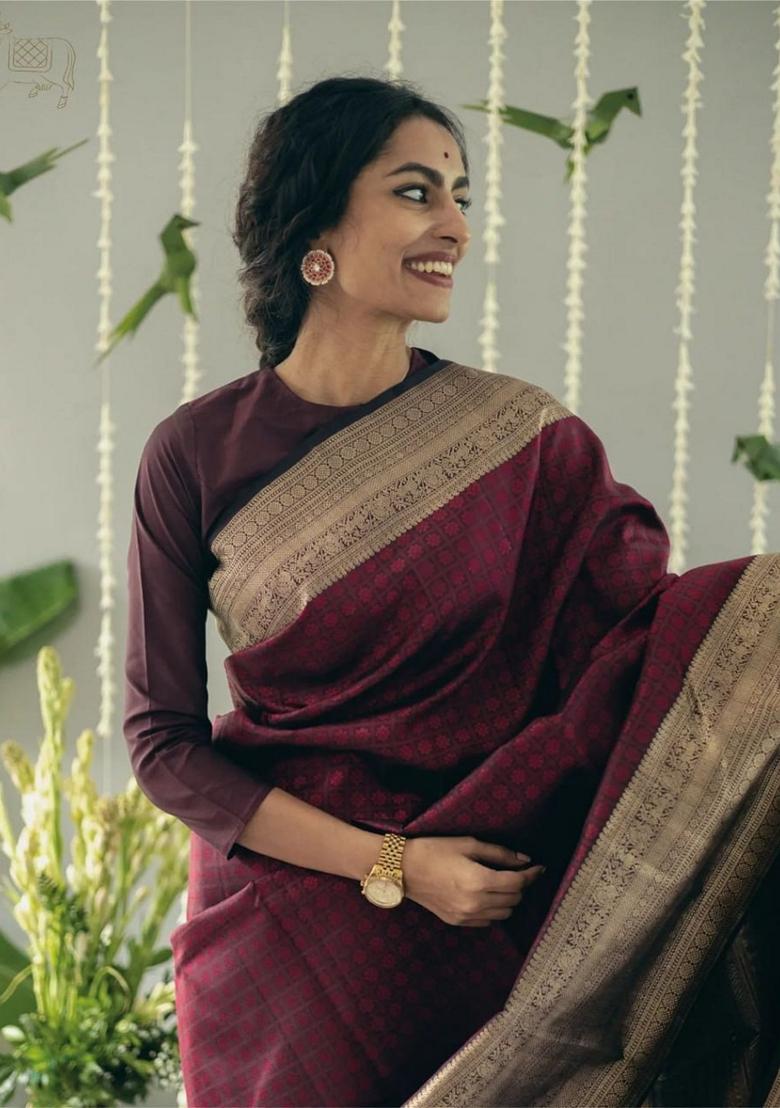 Wine Jacquard Banarasi Soft Silk Saree Set