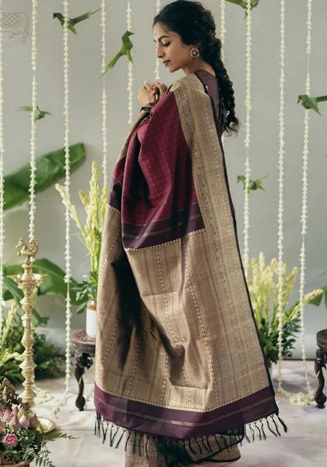 Wine Jacquard Banarasi Soft Silk Saree Set