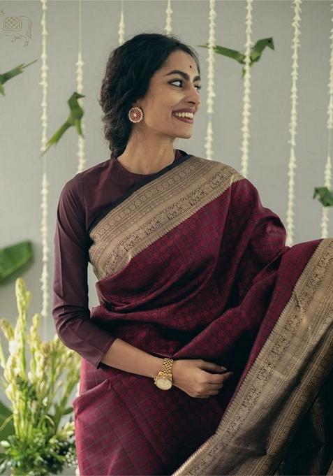 Wine Jacquard Banarasi Soft Silk Saree Set
