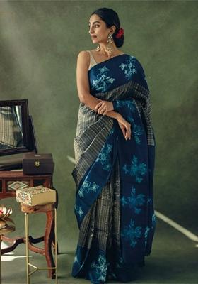 Navy Blue Jacquard Banarasi Soft Silk Saree Set