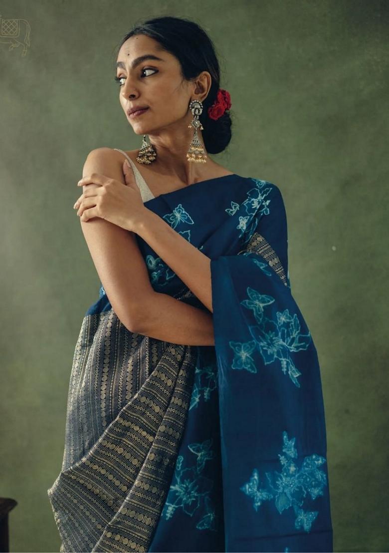 Navy Blue Jacquard Banarasi Soft Silk Saree Set