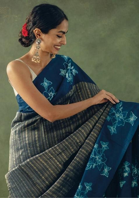 Navy Blue Jacquard Banarasi Soft Silk Saree Set