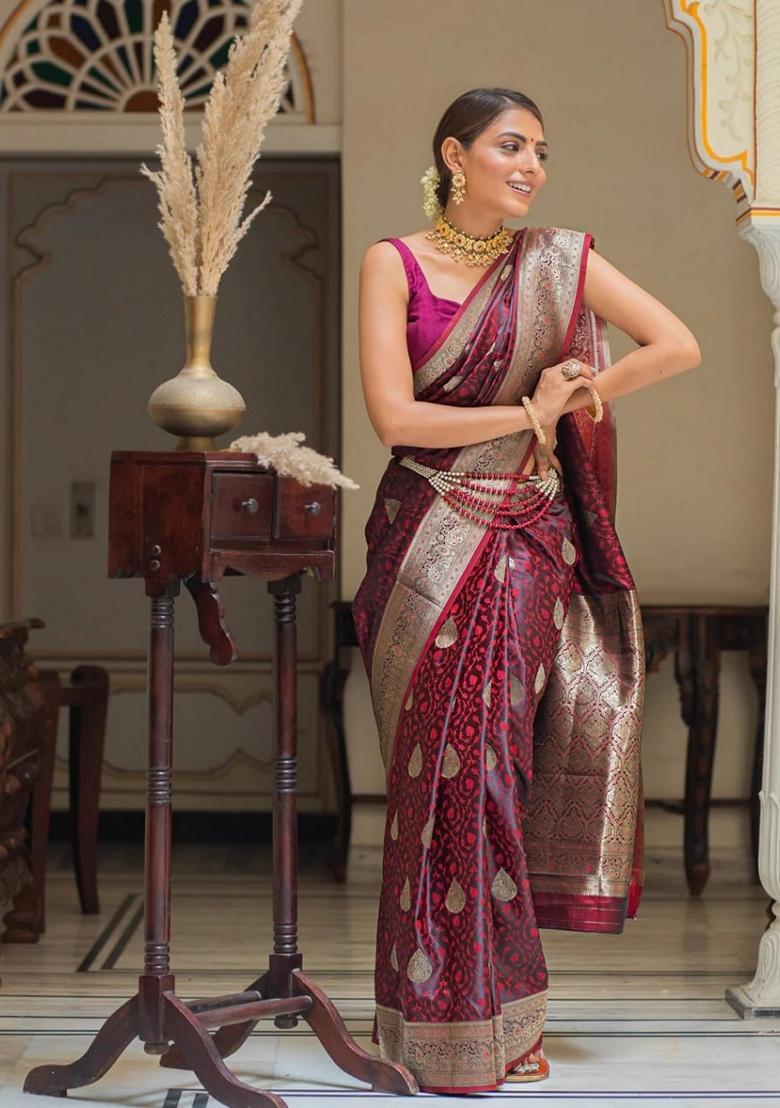 Maroon Jacquard Banarasi Soft Silk Saree Set