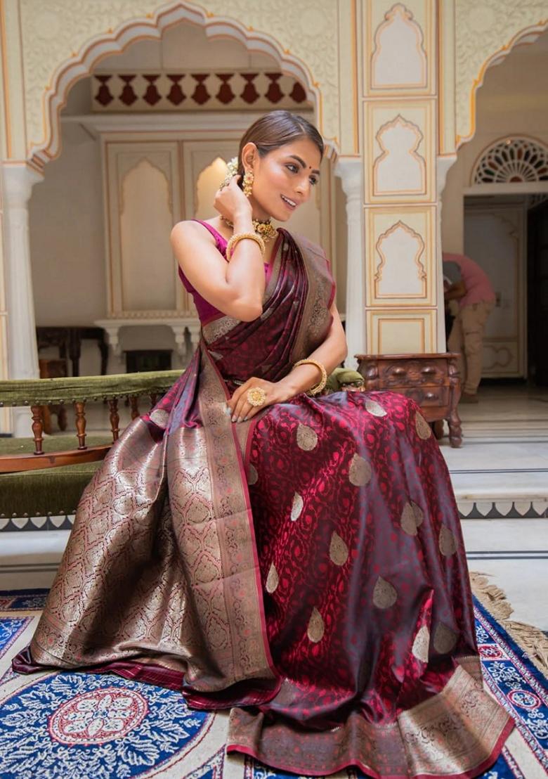 Maroon Jacquard Banarasi Soft Silk Saree Set