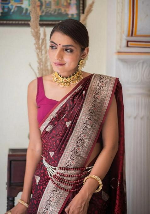 Maroon Jacquard Banarasi Soft Silk Saree Set