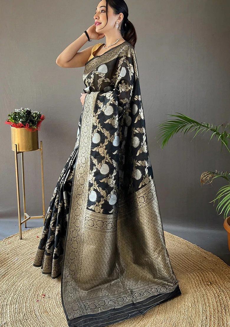Black Jacquard Banarasi Soft Silk Saree Set