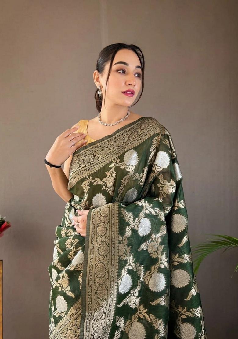 Dark Green Jacquard Banarasi Soft Silk Saree Set