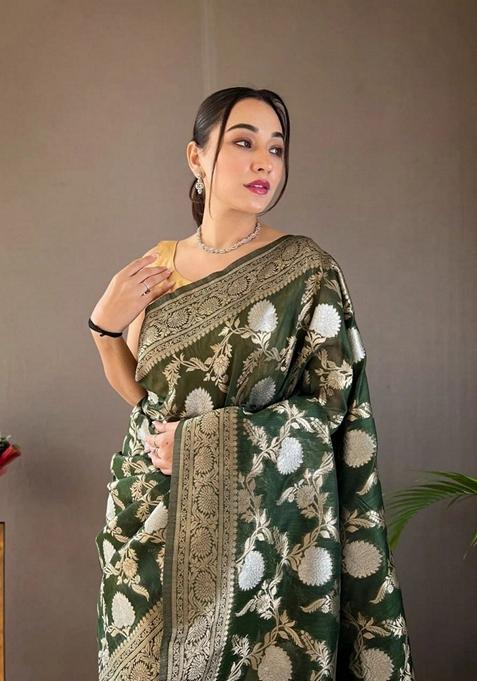 Dark Green Jacquard Banarasi Soft Silk Saree Set