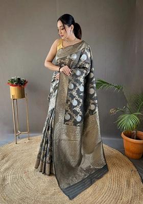 Grey Jacquard Banarasi Soft Silk Saree Set