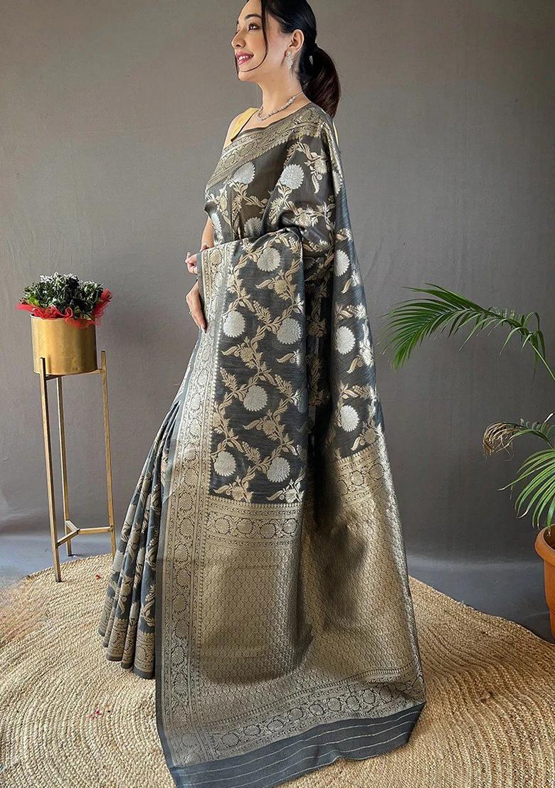 Grey Jacquard Banarasi Soft Silk Saree Set