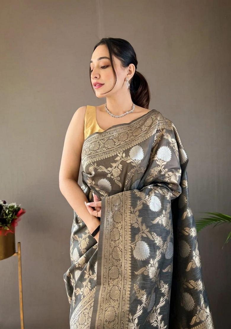 Grey Jacquard Banarasi Soft Silk Saree Set