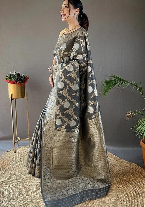 Grey Jacquard Banarasi Soft Silk Saree Set