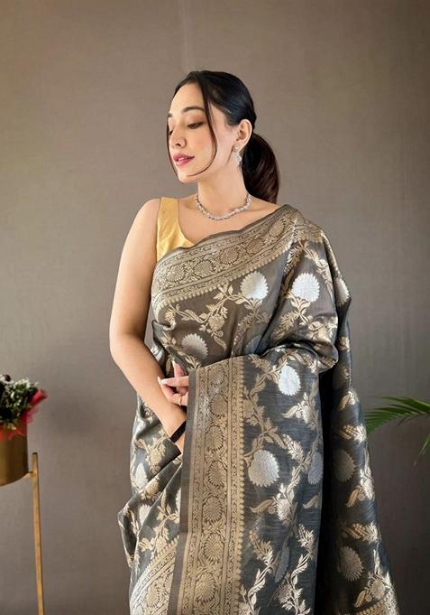 Grey Jacquard Banarasi Soft Silk Saree Set