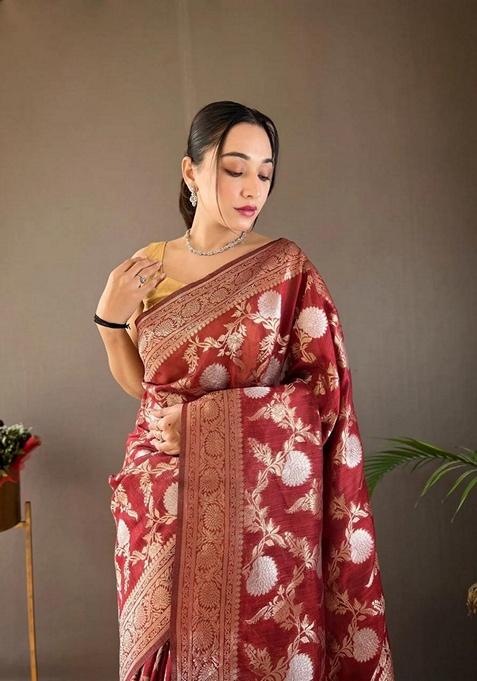 Maroon Jacquard Banarasi Soft Silk Saree Set