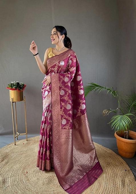 Purple Jacquard Banarasi Soft Silk Saree Set