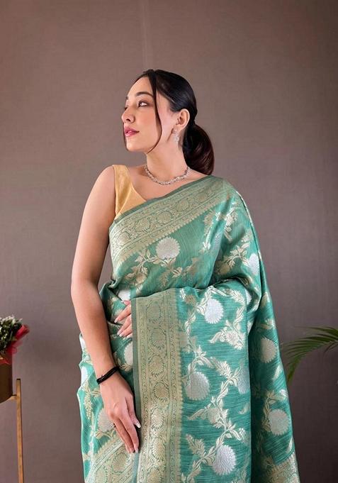 Rama Green Jacquard Banarasi Soft Silk Saree Set