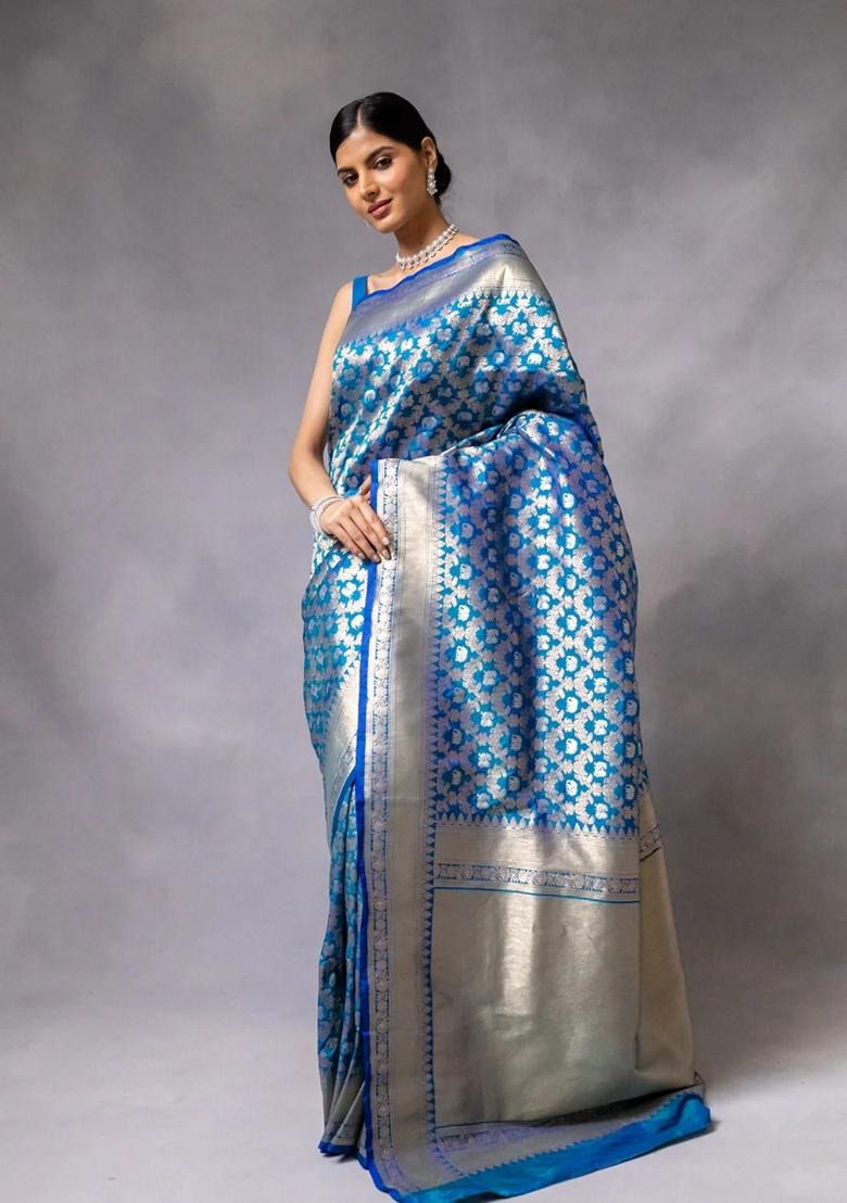 Firozi Zari Woven Banarasi Soft Silk Saree Set
