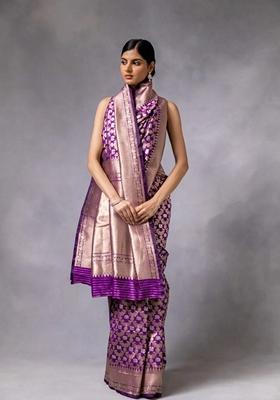 Purple Zari Woven Banarasi Soft Silk Saree Set