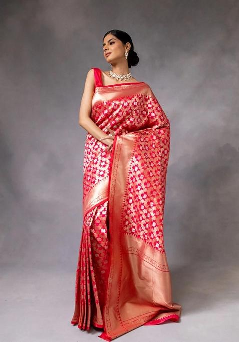 Red Zari Woven Banarasi Soft Silk Saree Set