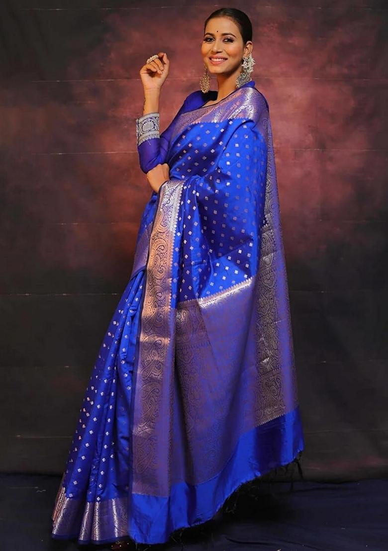 Navy Blue Jacquard Silk Saree Set