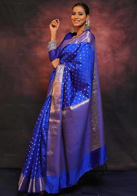 Navy Blue Jacquard Silk Saree Set