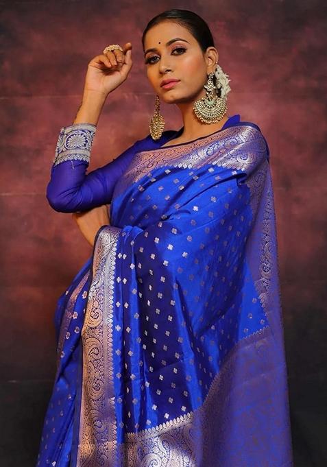 Navy Blue Jacquard Silk Saree Set