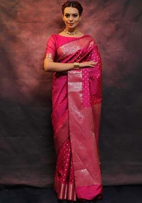 Rani Pink Jacquard Silk Saree Set
