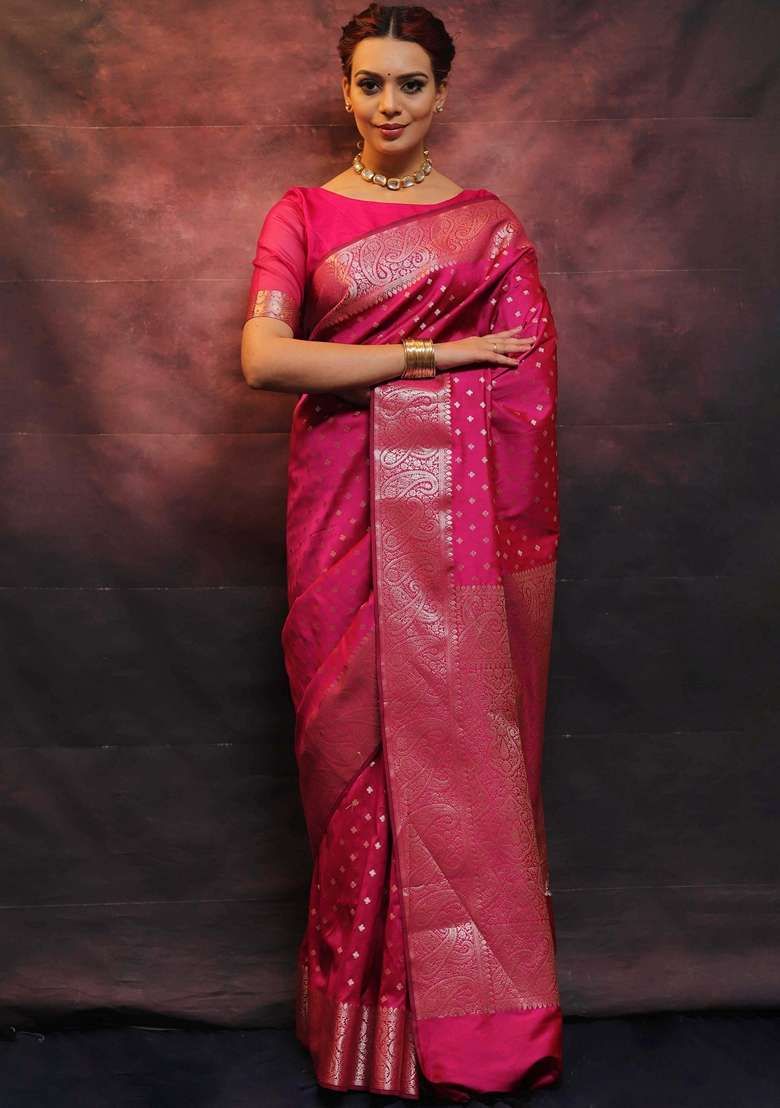 Rani Pink Jacquard Silk Saree Set - Indya