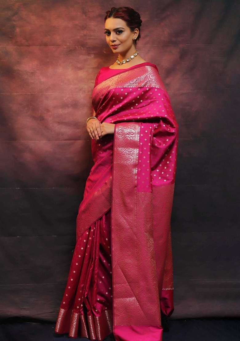 Rani Pink Jacquard Silk Saree Set - Indya