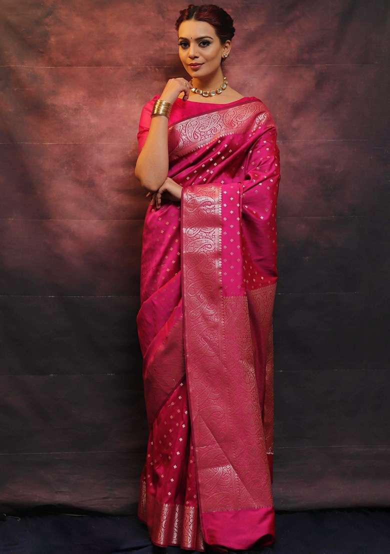 Rani Pink Jacquard Silk Saree Set - Indya