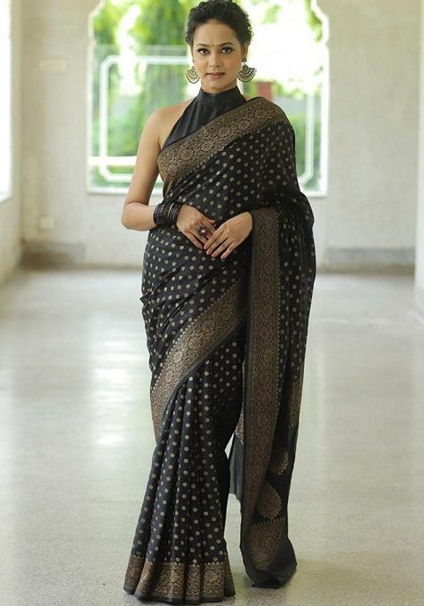 Black Zari Woven Banarasi Soft Silk Saree Set