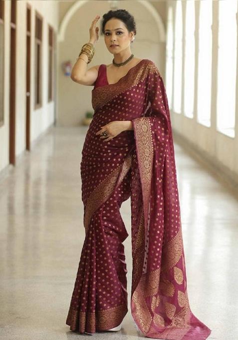 Maroon Zari Woven Banarasi Soft Silk Saree Set