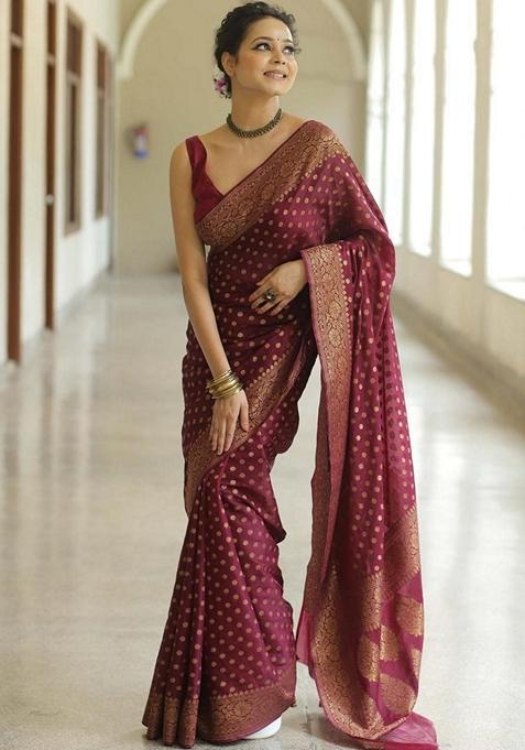 Maroon Zari Woven Banarasi Soft Silk Saree Set