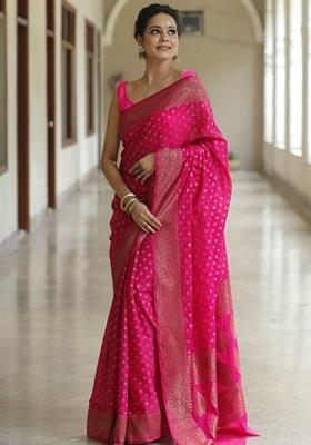 Pink Zari Woven Banarasi Soft Silk Saree Set