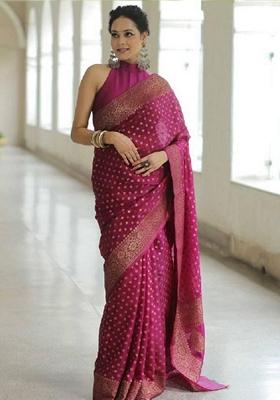 Purple Zari Woven Banarasi Soft Silk Saree Set