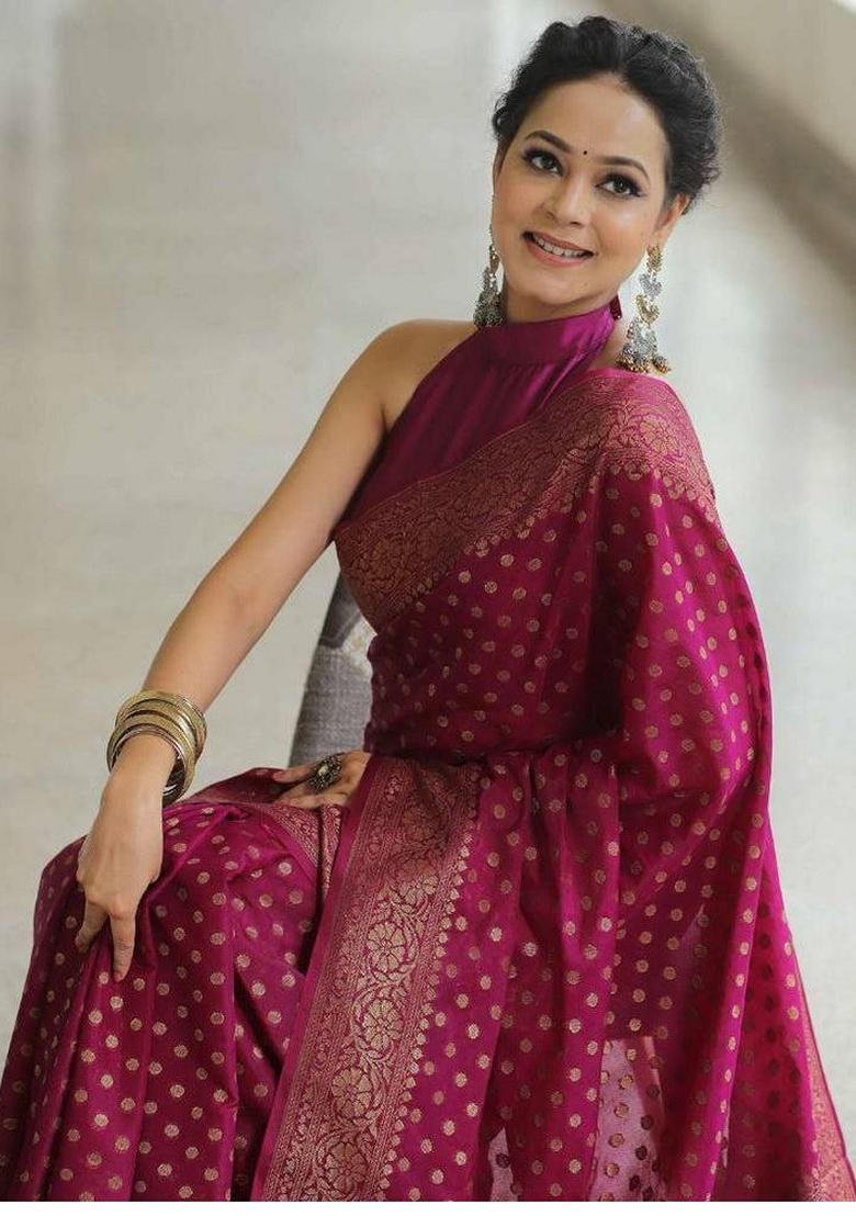 Purple Zari Woven Banarasi Soft Silk Saree Set