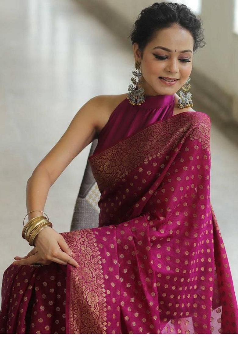 Purple Zari Woven Banarasi Soft Silk Saree Set