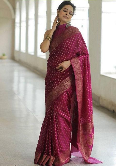 Purple Zari Woven Banarasi Soft Silk Saree Set
