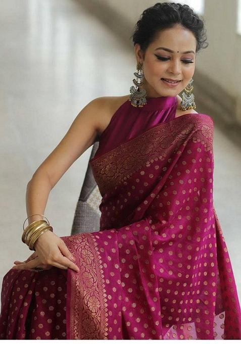 Purple Zari Woven Banarasi Soft Silk Saree Set