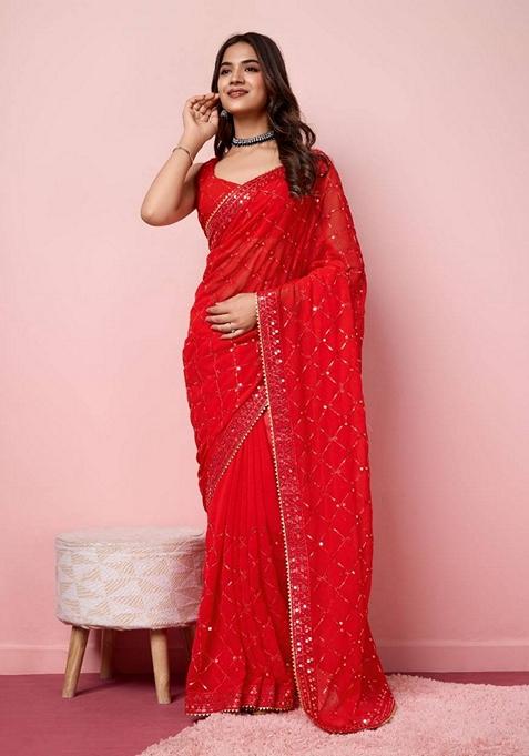 Red Sequin Embroidered Georgette Saree Set