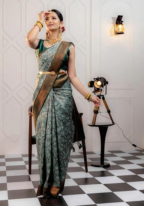 Multicolour Zari Jacquard Banarasi Soft Silk Saree Set