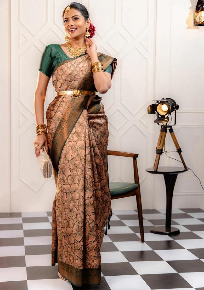 Multicolour Zari Jacquard Banarasi Soft Silk Saree Set